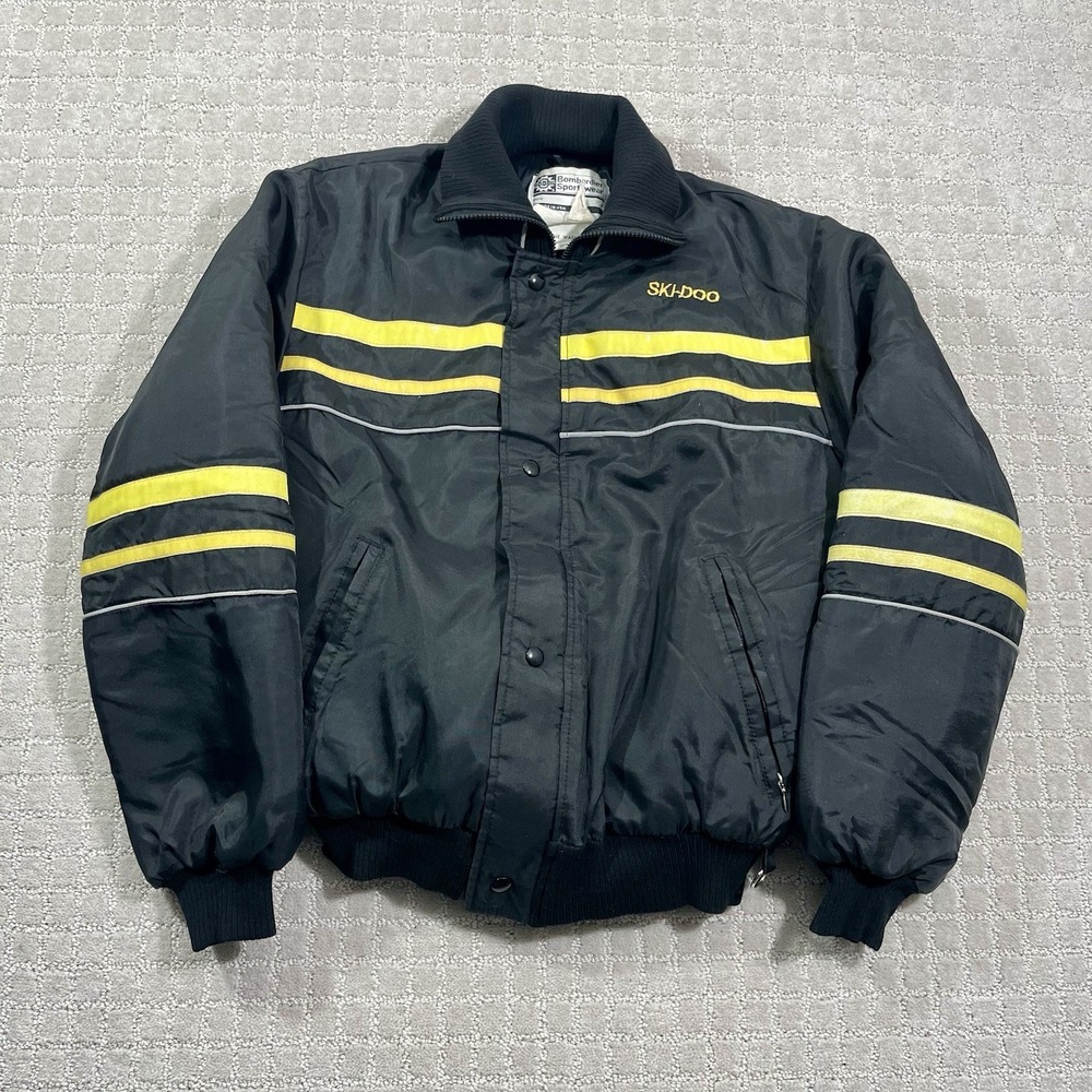 VTG 70s Ski-Doo Bombardier Black & Yellow Striped Medium Snowmobile Coat Jacket